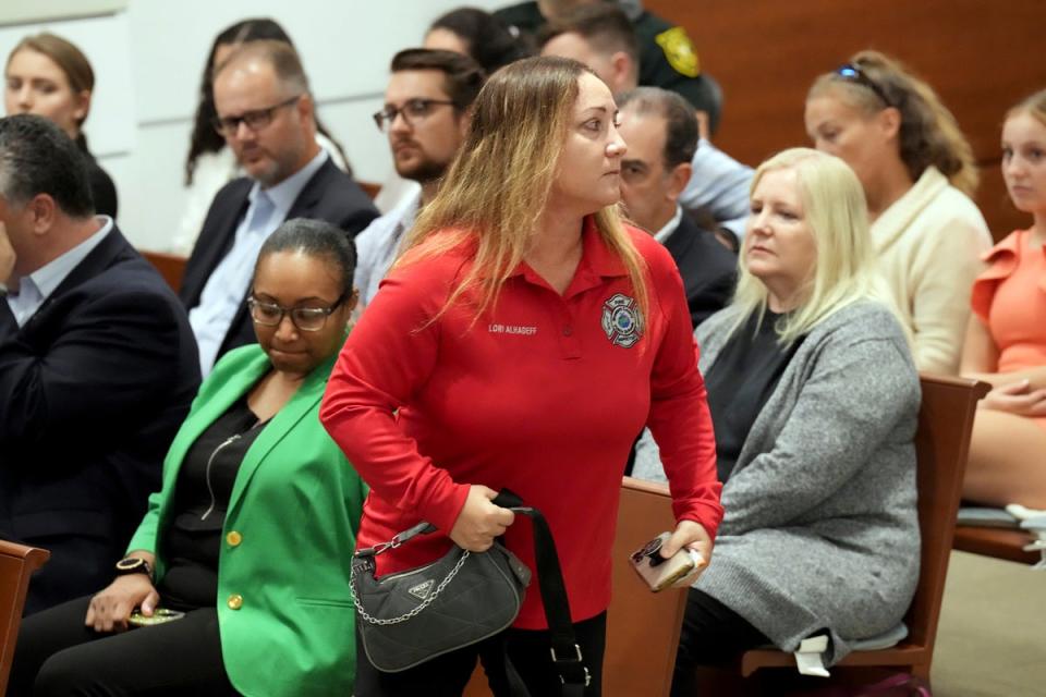 Lori Alhadeff, mother of Alyssa Alhadeff, leaves the courtroom as Assistant State Attorney Mike Satz details the murders of the 17 students and staff members (AP)