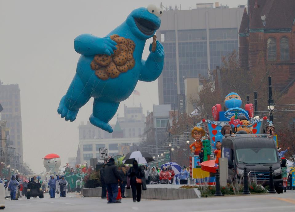 The Cookie Monster was one of several inflatables making its way down Woodward Avenue during America's Thanksgiving Parade in Detroit on Nov. 25, 2021.