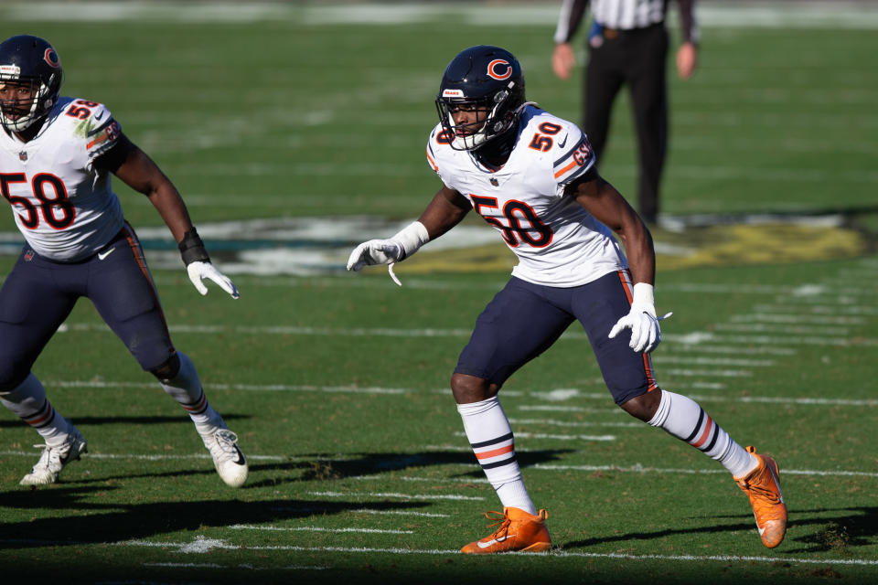 JACKSONVILLE, FL - DECEMBER 27: Chicago Bears Linebacker Barkevious Mingo (50) during the game between the Chicago Bears and the Jacksonville Jaguars on December 27, 2020 at TIAA Bank Field in Jacksonville, Fl. (Photo by David Rosenblum/Icon Sportswire via Getty Images)