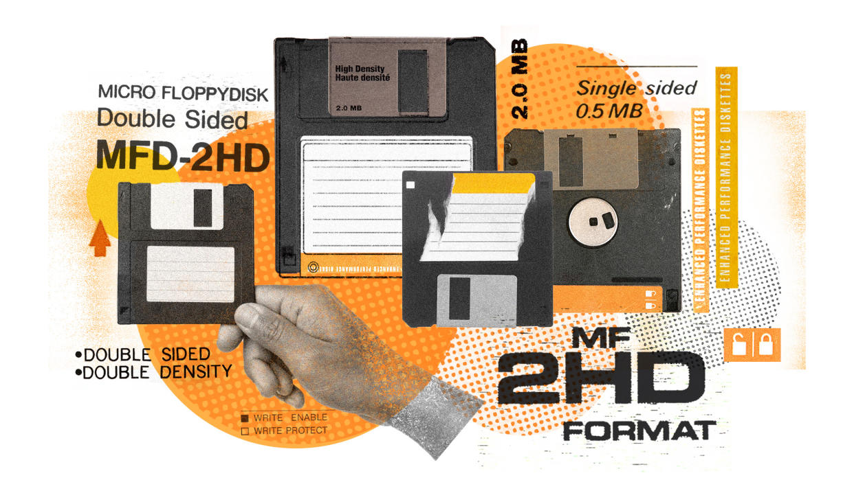  Photo collage of floppy disks and various typographical ephemera from floppy disks. 