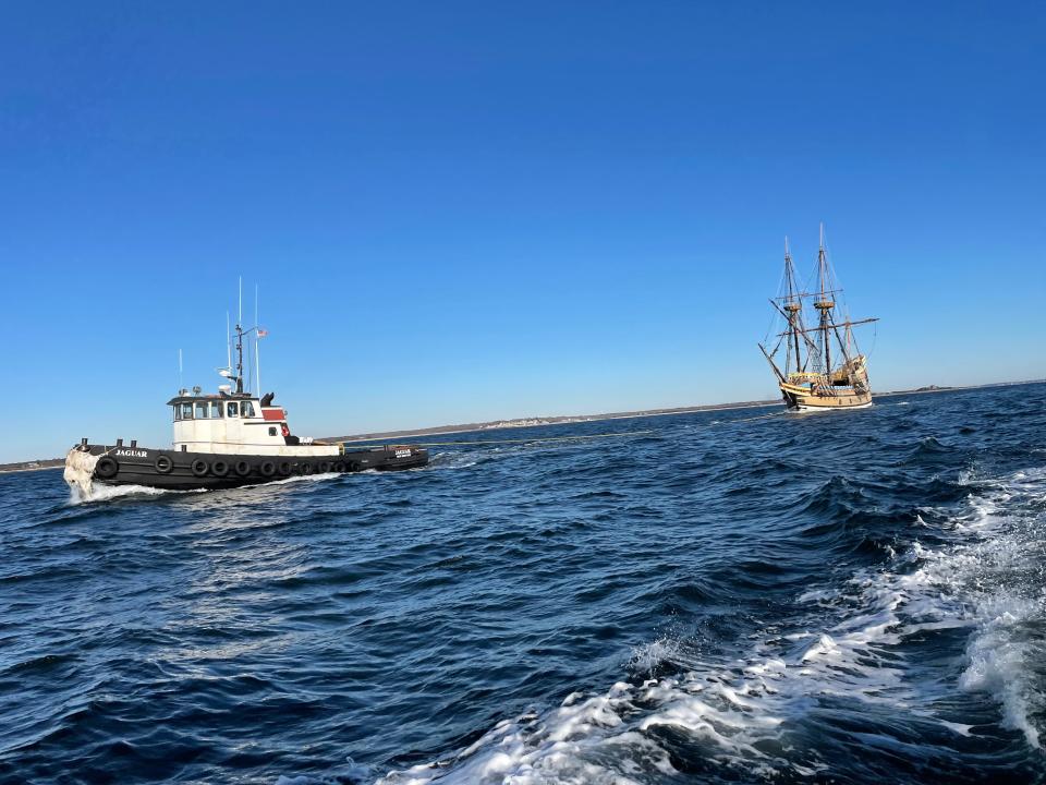 The Mayflower II was tugged through the Buzzards Bay on the way to Mystic, CT on Tuesday.