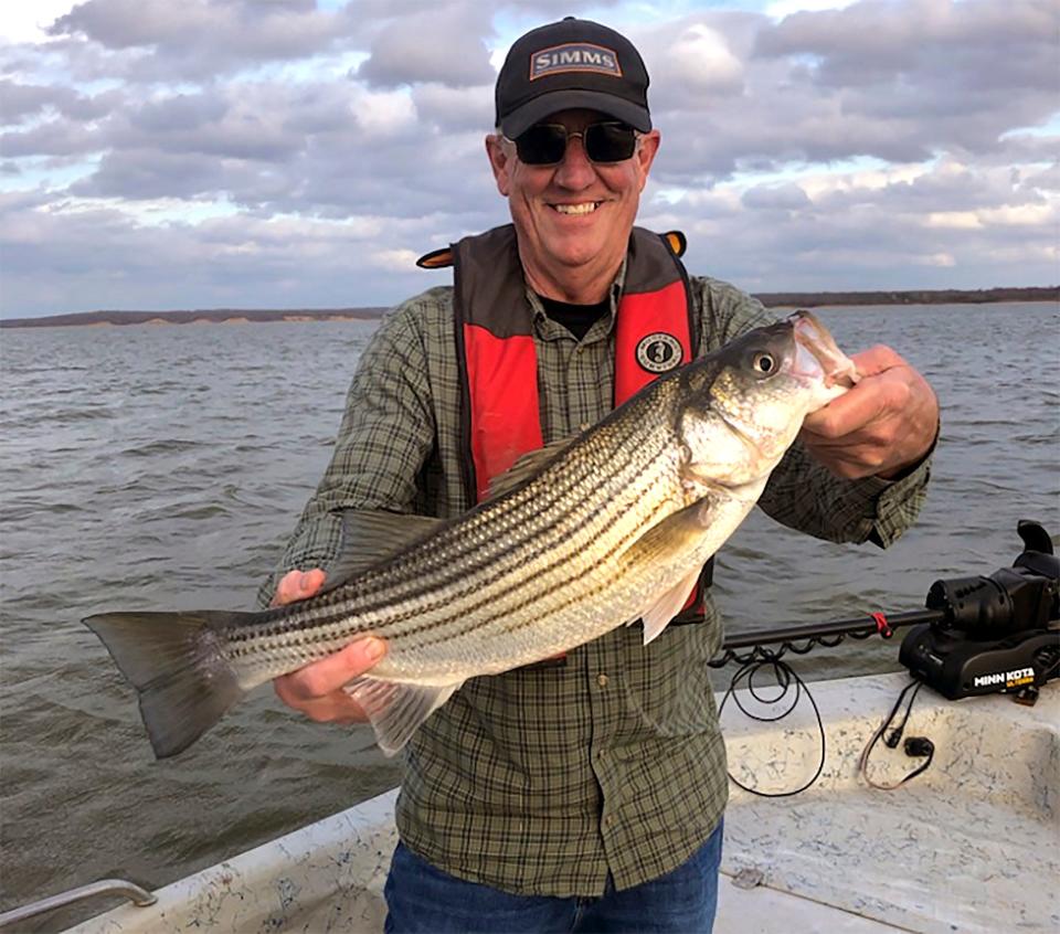 Barry Bolton holds a striper caught on Lake Texoma. Bolton, who has been chief of fisheries for the Oklahoma Department of Wildlife Conservation for the past 15 years and has worked more than 40 years for the agency, is retiring Jan. 31.