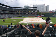 People react as the field is uncovered after a rain delay during a baseball game between the Arizona Diamondbacks and the Baltimore Orioles, Sunday, May 12, 2024, in Baltimore. (AP Photo/Jose Luis Magana)