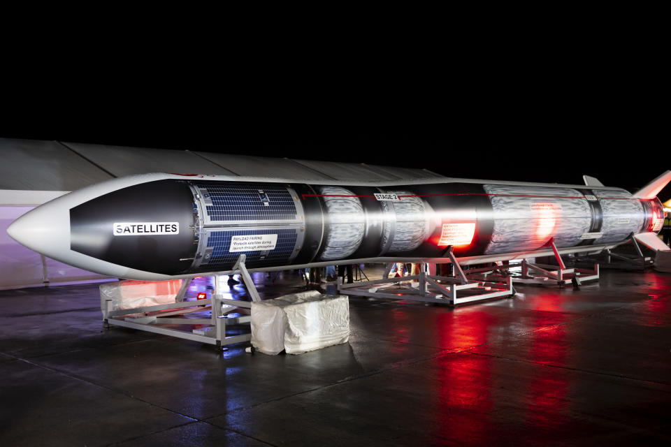 NEWQUAY, ENGLAND - JANUARY 09: A model of the LauncherOne rocket as Cosmic Girl, a Boeing 747-400 aircraft, prepares to take off at Cornwall Airport Newquay on January 9, 2023 in Newquay, United Kingdom. Virgin Orbit launches its LauncherOne rocket from the spaceport in Cornwall, marking the first ever orbital launch from the UK. The mission has been named Start Me Up after the Rolling Stones hit. (Photo by Matthew Horwood/Getty Images)