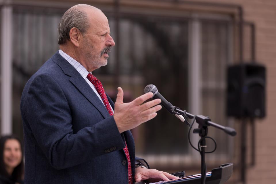 El Paso Mayor Oscar Leeser speaks before lighting the 40th anniversary of the El Paso Senior Games torch on Saturday, Feb. 25, 2023, at the Polly Harris Senior Center in West El Paso, Texas.