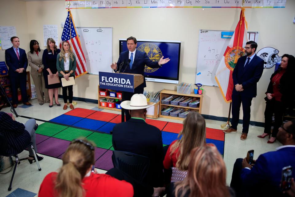 Gov. Ron DeSantis visited at Duval Charter School at Baymeadows in Jacksonville on Monday to speak about his education priorities, including a teachers' bill of rights, paycheck protection, teachers union transparency, reduction of term limits for school board members, and an increase in teacher pay for the 2023-24 school year.