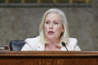 In this Sept. 28, 2021 file photo, Sen. Kirsten Gillibrand, D-N.Y., speaks during a Senate Armed Services Committee hearing on Capitol Hill in Washington. More than a dozen Senate Democrats are imploring President Joe Biden and congressional leaders to keep a national paid family leave program in his sweeping social services and climate change package. Gillibrand spearheaded the letter and says she's open to negotiating the terms of the program but she'd have a hard time voting for the legislation if it's not included. (AP Photo/Patrick Semansky, Pool)