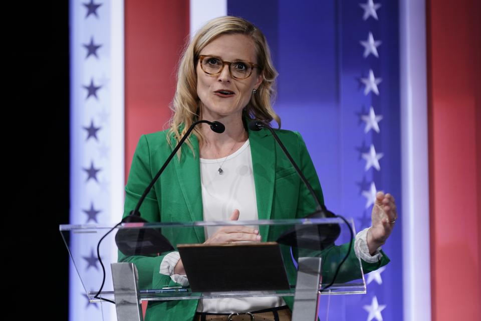 State treasurer Sarah Godlewski participates in a televised Wisconsin Democratic U.S. Senate debate, Sunday, July 17, 2022, in Milwaukee. (AP Photo/Morry Gash)