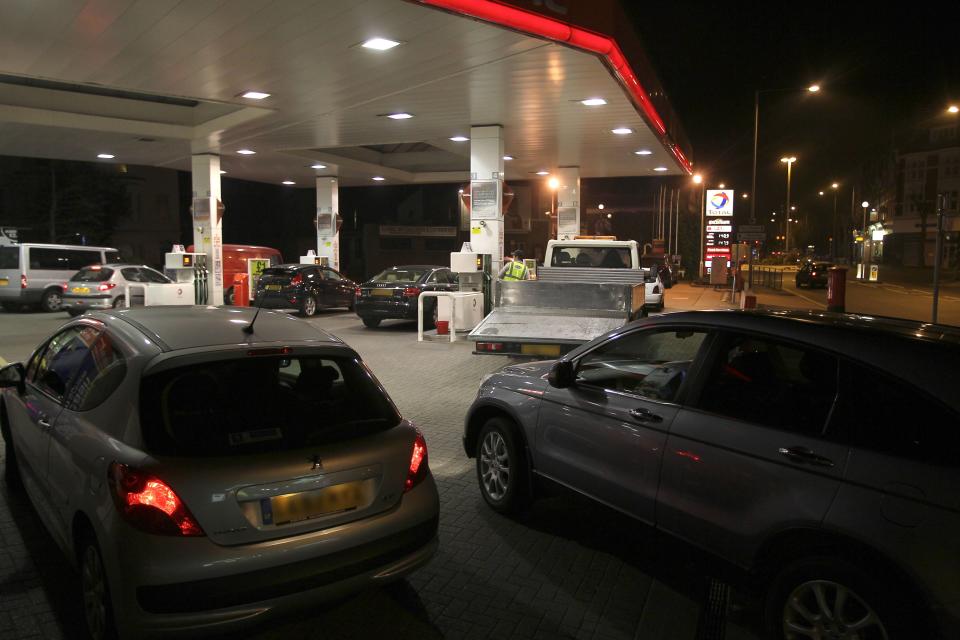 Panic buying by car owners trying to fill up in Kingston, Surrey. It was announced today, fuel tanker drivers are to go on strike. The Army are on stand by as 8,000 petrol stations could close. 
Surrey, England - 26.03.12
Mandatory Credit: WENN.com