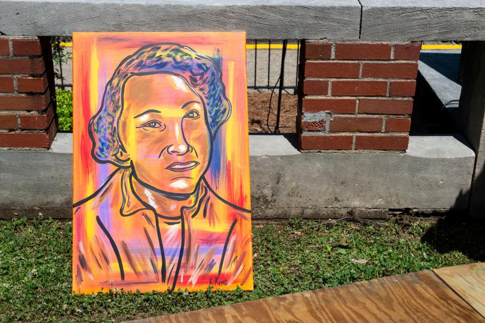 Kevin King created this portrait of Jo Ann Robinson during a ceremony renaming Bibb Graves Hall to Jo Ann Robinson Hall after the late civil rights leader and educator at Alabama State University in Montgomery, Ala., on Tuesday.