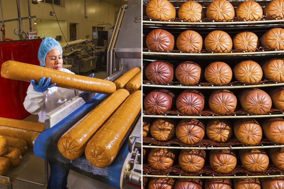 Left, deli loafs, loaded onto the slicing machine. Right, smoked Hams, awaiting packaging.