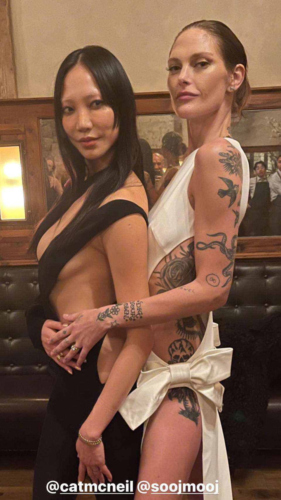 Cat and Soo Joo Park posed together to show off their sideless dresses. Photo: Instagram/georgesperos