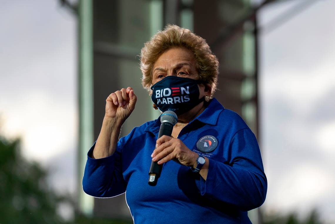 Former University of Miami President Donna Shalala testified at trial that she fired the former No. 2 executive at the medical school because she saw him as a “destructive force.” Here she speaks during a Miami appearance in 2020.