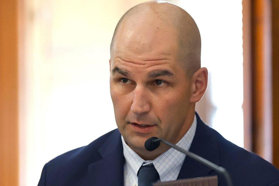 PHOTO: Massachusetts State Trooper Michael Proctor is cross-examined by defense lawyer Alan Jackson during Karen Read's trial on murder charges in Norfolk Superior Court in Dedham on June 12, 2024. (Greg Derr/The Patriot Ledger/USAToday)