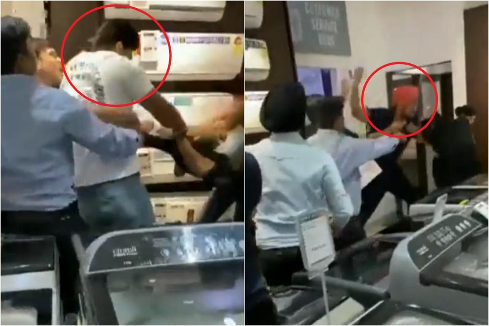 印度2名男子（紅圈處）開賣日拿不到iPhone 15，憤而毆打店員，事後遭逮捕。（翻攝自X）