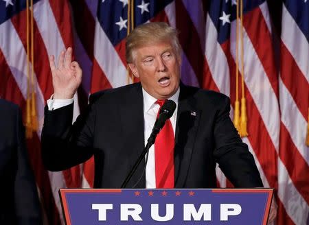 U.S. President elect Donald Trump speaks at election night rally in Manhattan, New York, U.S., November 9, 2016. REUTERS/Mike Segar/Files