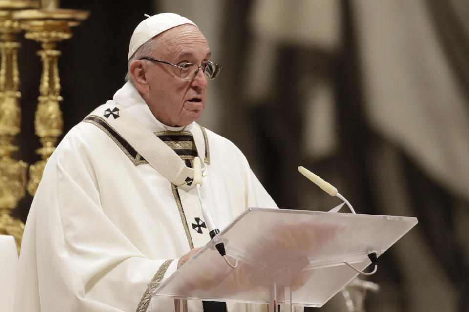 Pope Francis delivers his message as he celebrates the Christmas Eve Mass in St. Peter's Basilica at the Vatican, Monday, Dec. 24, 2018. (AP Photo/Alessandra Tarantino)