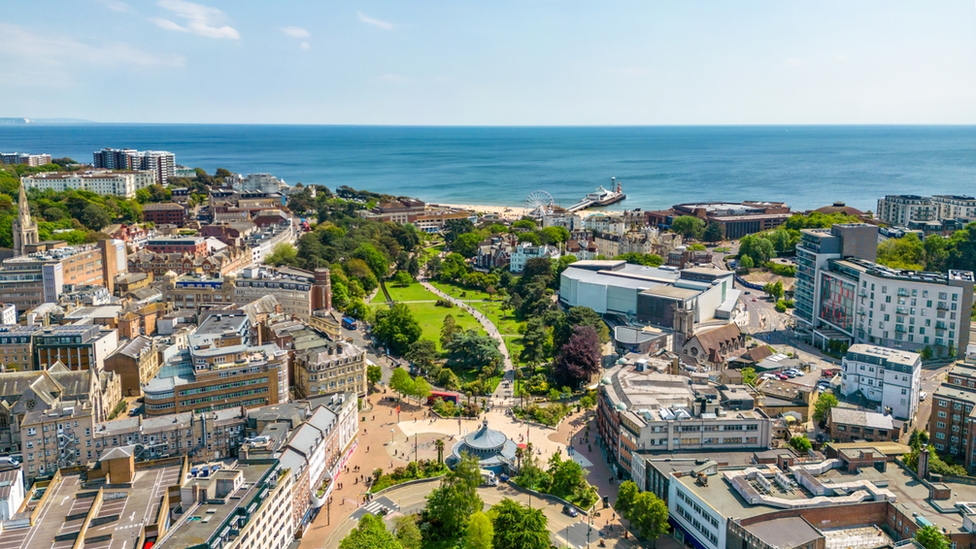 Bournemouth town centre with sea in the background