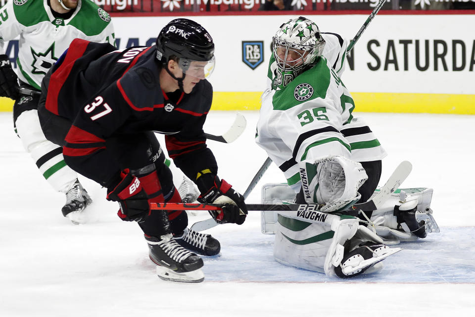 Carolina Hurricanes' Andrei Svechnikov (37) shoots the puck past Dallas Stars goaltender Anton Khudobin (35) for a goal during the second period of an NHL hockey game in Raleigh, N.C., Saturday, Jan. 30, 2021. (AP Photo/Karl B DeBlaker)