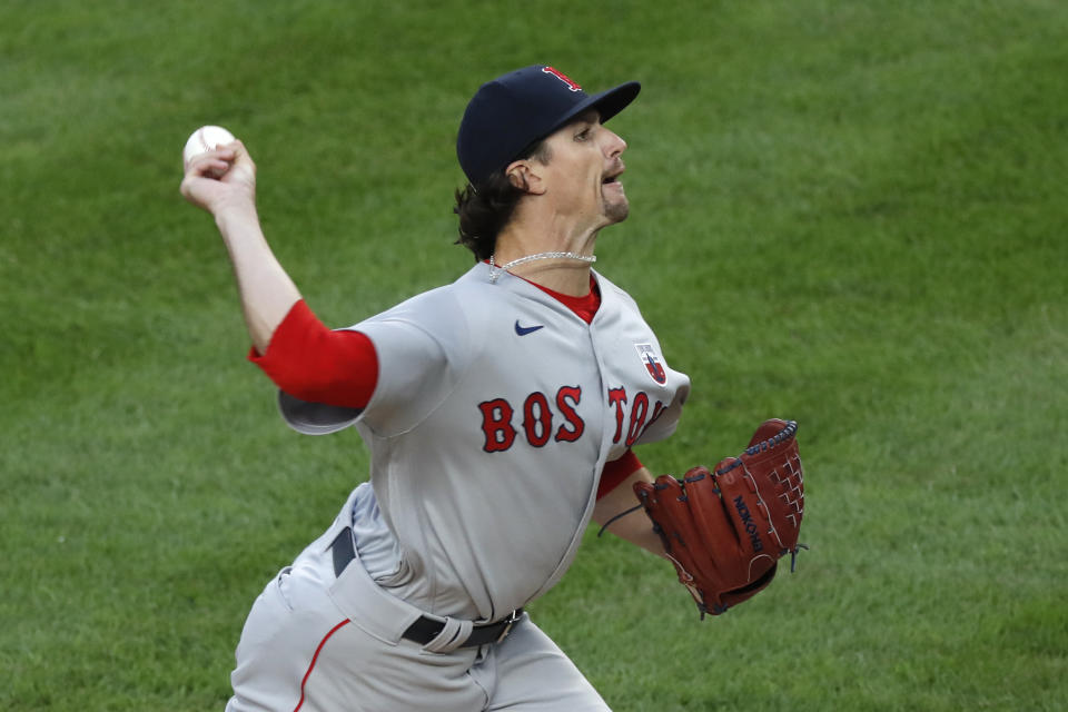 Boston Red Sox starting pitcher Chris Mazza winds up during the first inning of a baseball game against the New York Yankees, Sunday, Aug. 16, 2020, in New York. (AP Photo/Kathy Willens)