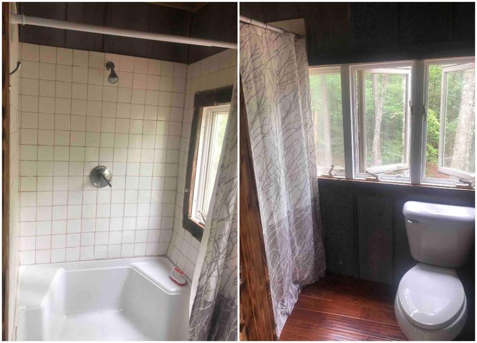 The shower and toilet in the bathroom at Eli's Treehouse.