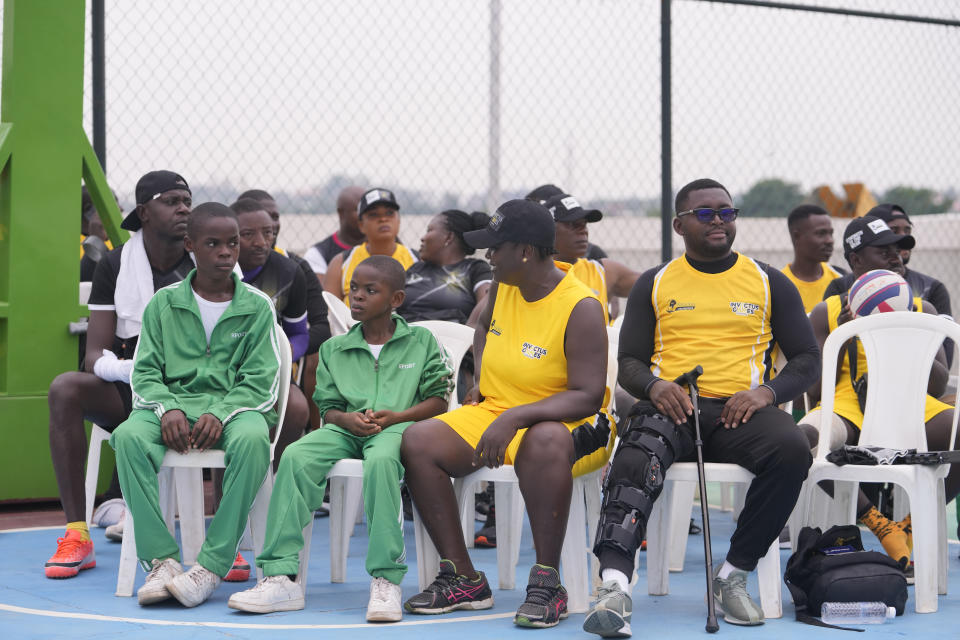 Members of Invictus Games Wounded Soldiers wait to take part in an exhibition sitting volleyball match in Abuja Nigeria, Saturday, May 11, 2024 (AP Photo/Sunday Alamba)