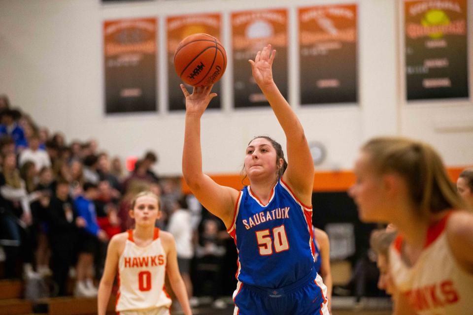 Saugatuck's Kennedy Gustafson takes her first of two free throw during a game against Fennville Saturday, Feb. 18, 2023, at Fennville High School. 