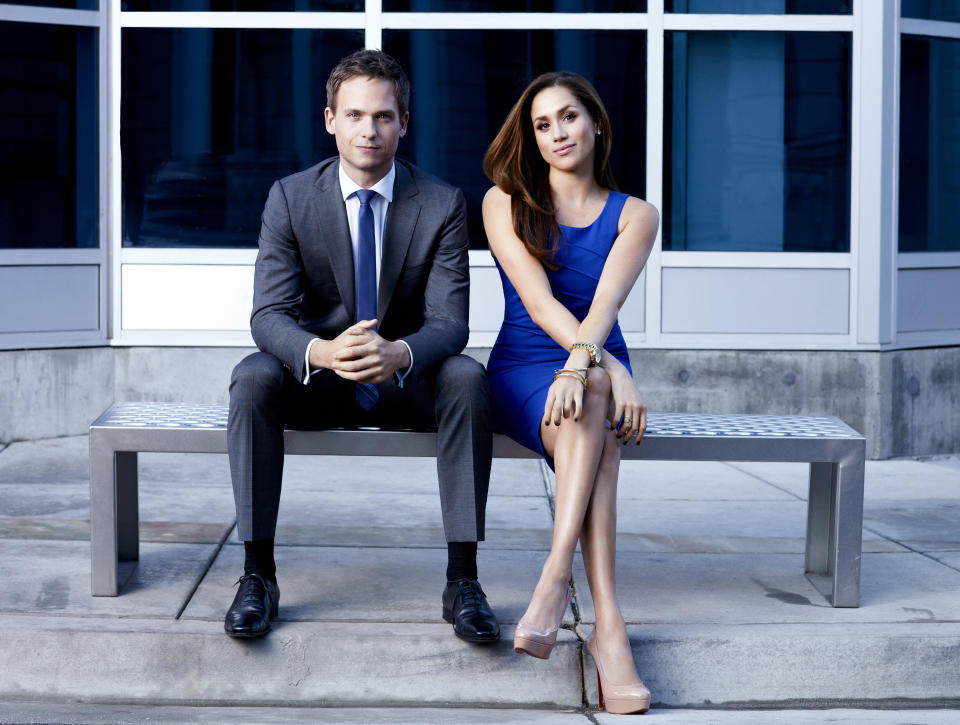 Patrick J. Adams as his "Suits" character Mike Ross and Meghan Markle as Rachel Zane. Adams posted a lengthy Twitter thread defending his former co-star against allegations of bullying.  (Photo: Robert Ascroft/USA Network/NBCU Photo Bank/Getty)