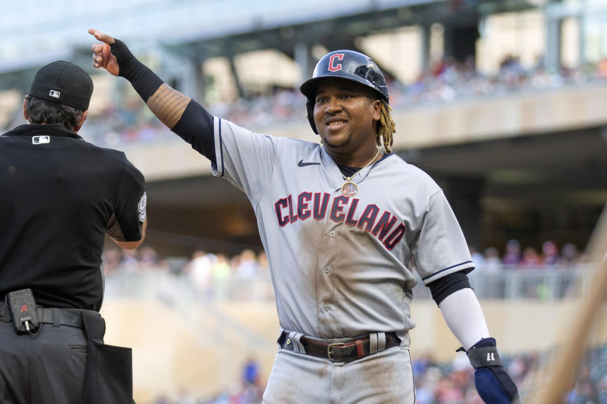 Cleveland Guardians star Jose Ramirez celebrates after scoring against the Minnesota Twins in an AL Central showdown. (AP Photo/Andy Clayton-King)