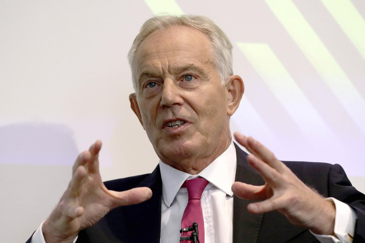 Former British prime minister Tony Blair gives a speech on Brexit at the Institute for Government in central London, Monday Sept. 2, 2019. (Aaron Chown/Pool via AP)