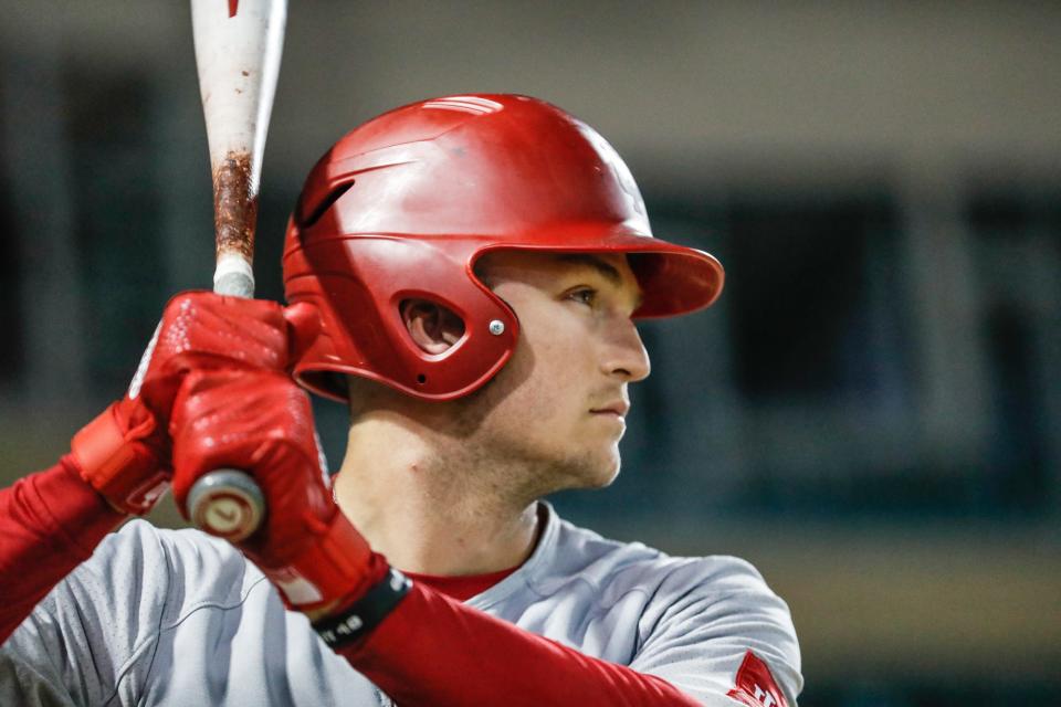 Indiana University Hoosiers outfielder Matt Gorski (7), takes a practice swing before his turn at batt during a game between the Indiana University Hoosiers and Ball State Cardinals, at Victory Field in Indianapolis on Tuesday, April 23, 2019.