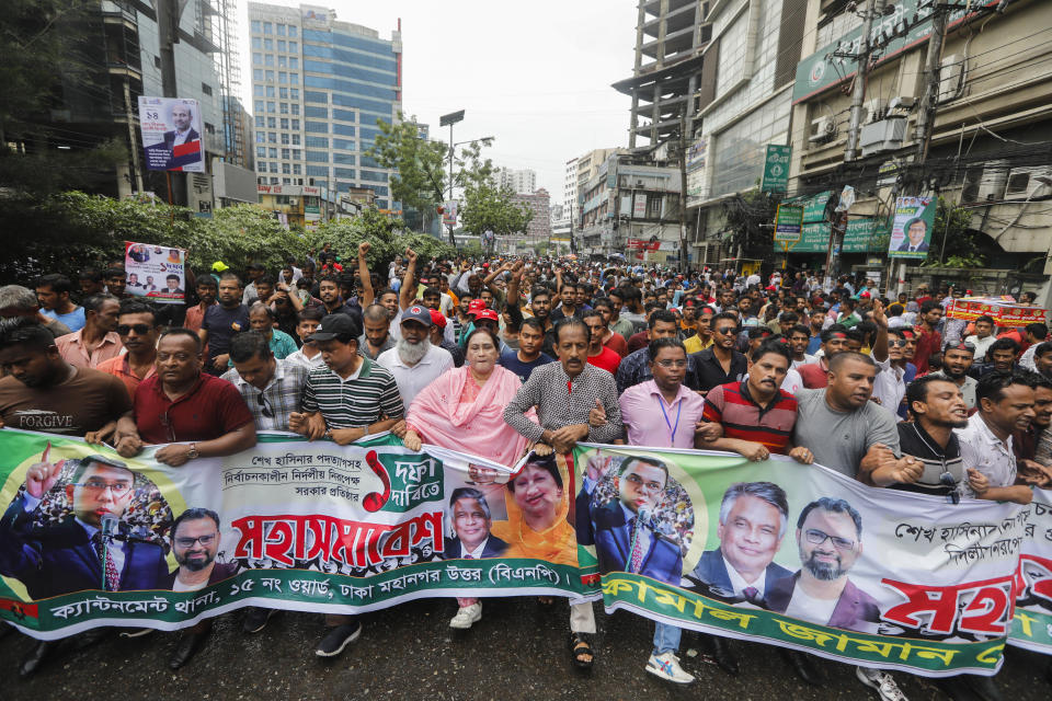 Bangladesh Nationalist Party (BNP) supporters march during a protest rally in Dhaka, Bangladesh, Friday, July 28, 2023. (AP Photo/Mahmud Hossain Opu)