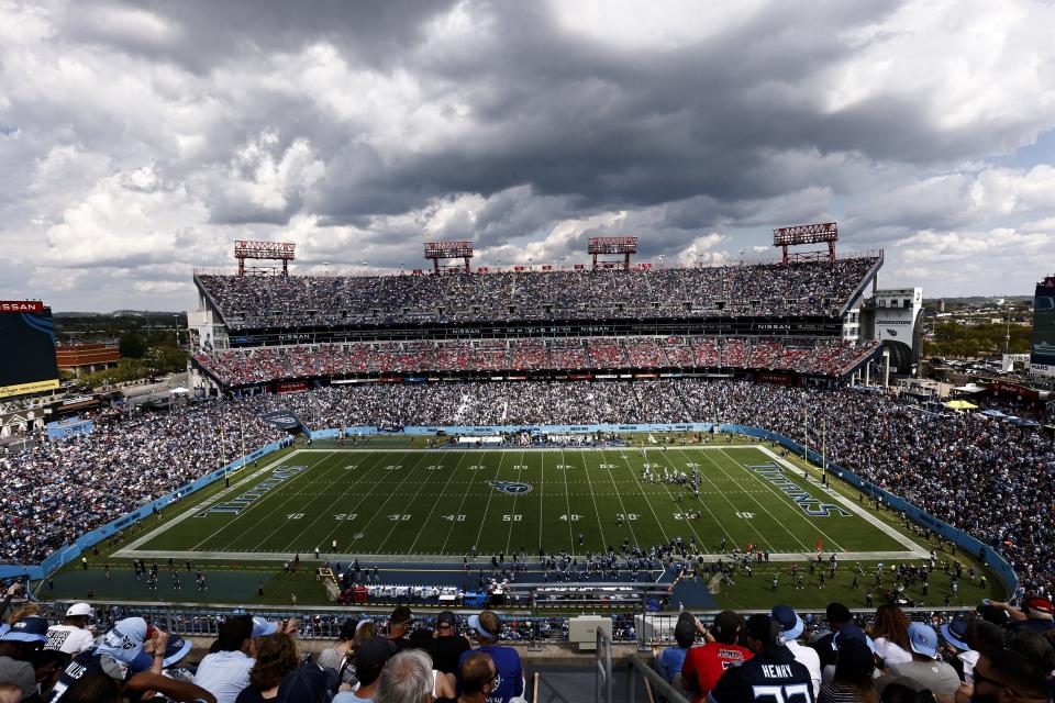 FILE - A general overall interior view of Nissan Stadium during an NFL football game between the Tennessee Titans and Las Vegas Raiders, Sunday, Sept. 25, 2022, in Nashville, Tenn. The NFL Players Association wants the league to switch all its fields to natural grass, calling it the easiest decision the NFL can make to protect players. (AP Photo/Wade Payne, File)