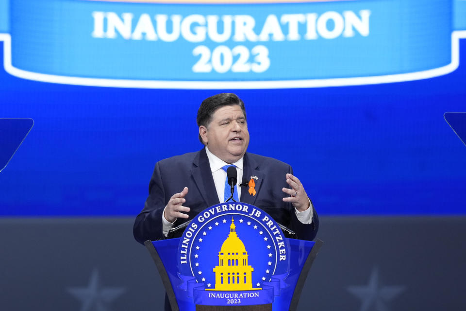 Illinois Gov. J.B. Pritzker delivers his inaugural address during ceremonies Monday, Jan. 9, 2023, in Springfield, Ill. (AP Photo/Charles Rex Arbogast)