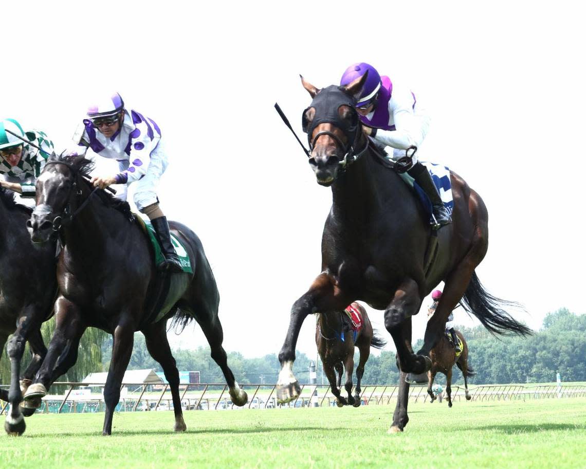 Sophie Doyle, aboard Awesome Treat, right, will be aiming for her first graded stakes win since 2021, when she goes to post in Saturday’s Exacta Systems Ladies Turf Sprint Stakes at Kentucky Downs.