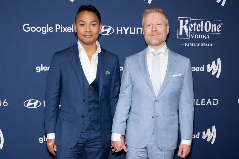 Ken Ithiphol (L) and Anthony Rapp attend the GLAAD Media Awards in New York City in 2022. File Photo by Gabriele Holtermann/UPI