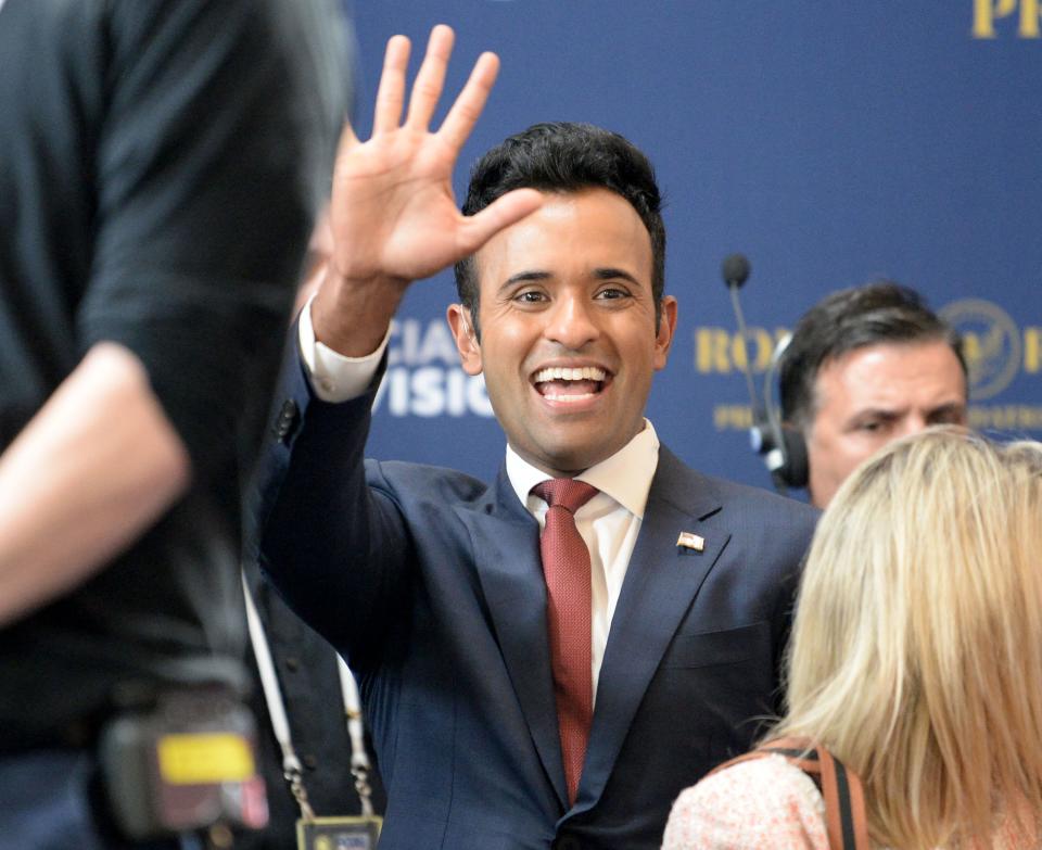Businessman Vivek Ramaswamy waves inside the spin room after the Republican presidential debate at the Ronald Reagan Presidential Library & Museum in Simi Valley on Wednesday, Sept. 27, 2023.