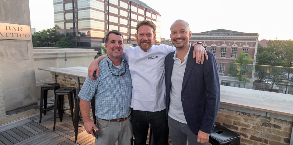 Jud Blount, from left, Chef Gianluca Tolla and Chef Eric Rivera appear during a meet-and-greet event at Bar Attico at Ravello restaurant in Montgomery.