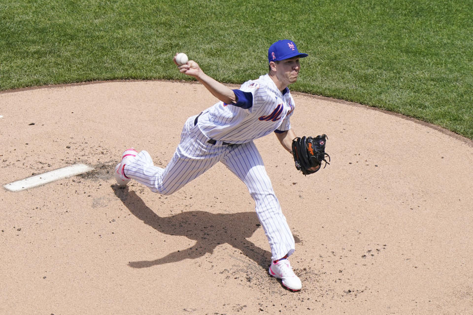 New York Mets starting pitcher Jacob deGrom delivers during the first inning of a baseball game against the Arizona Diamondbacks, Sunday, May 9, 2021, in New York. (AP Photo/Kathy Willens)