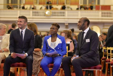 David Beckham, Nicola Adams and Sir Lenny Henry attend a reception of Queen's Young Leaders at a Buckingham Palace reception following the final Queen's Young Leaders Awards Ceremony, in London, Britain June 26, 2018. John Stillwell/Pool via Reuters