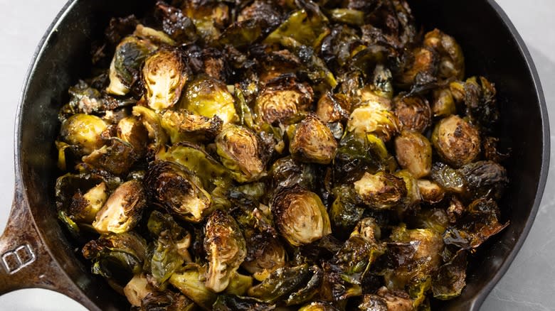 burnt Brussels sprouts in cast-iron skillet