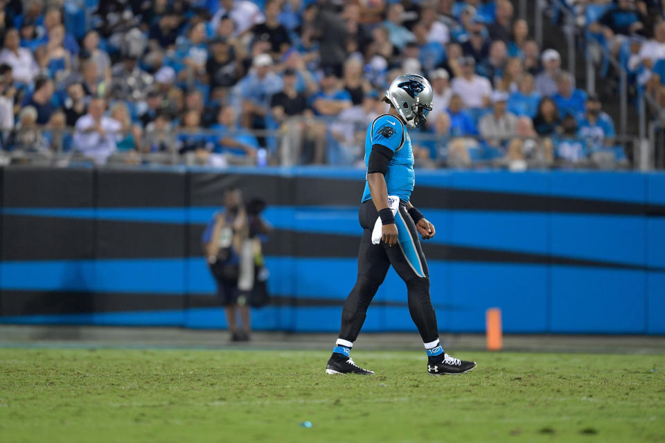 Cam Newton struggled on Thursday and the Panthers fell to 0-2. (Getty Images)