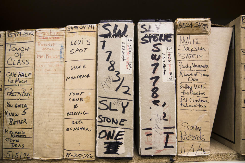 In this May 8, 2019 photo shown are reels from Sly Stone's recording sessions at the Sigma Sound Studio, at Drexel University in Philadelphia. The music department acquired this and thousands of other tapes and they are hoping to discover more gems in its archives. (AP Photo/Matt Rourke)
