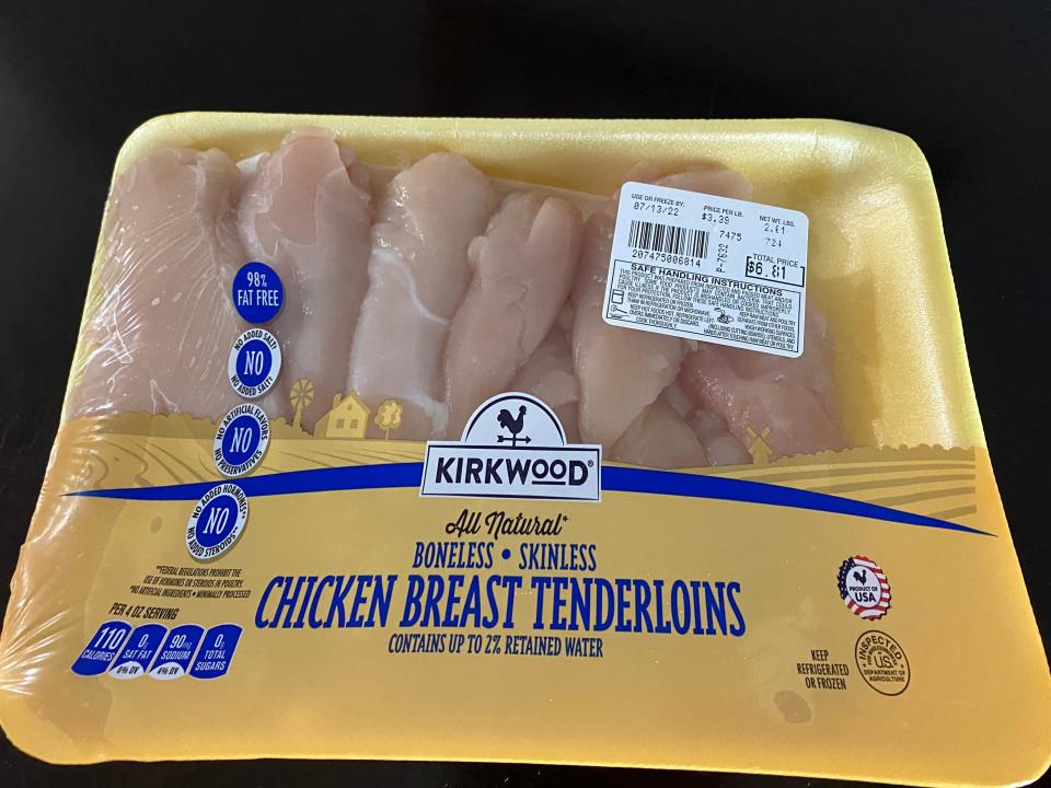 Yellow and blue package of chicken tenderloins from Aldi