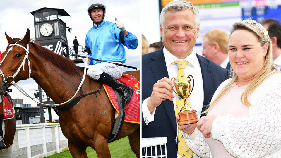 Durston, pictured here after winning the Caulfield Cup before the Melbourne Cup.