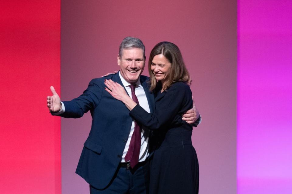 Labour leader Sir Keir Starmer is joined by his wife Victoria on stage after delivering his keynote speech to the Labour Party conference in Brighton (Stefan Rousseau/PA) (PA Wire)
