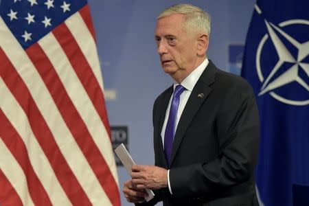 U.S. Secretary of Defence Jim Mattis leaves a news conference after a NATO defence ministers meeting at the Alliance headquarters in Brussels, Belgium June 29, 2017. REUTERS/Eric Vidal