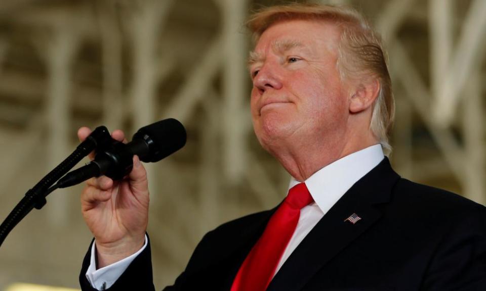 Donald Trump speaks in the commissioning ceremony of the aircraft carrier USS Gerald R Ford in Norfolk, Virginia