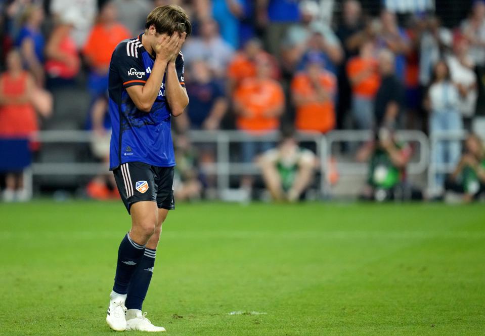 FC Cincinnati defender Nick Hagglund (4) reacts after missing a penalty kick during penalty kicks during a U.S. Open Cup semifinal match between Inter Miami and FC Cincinnati, Wednesday, Aug. 23, 2023, at TQL Stadium in Cincinnati.