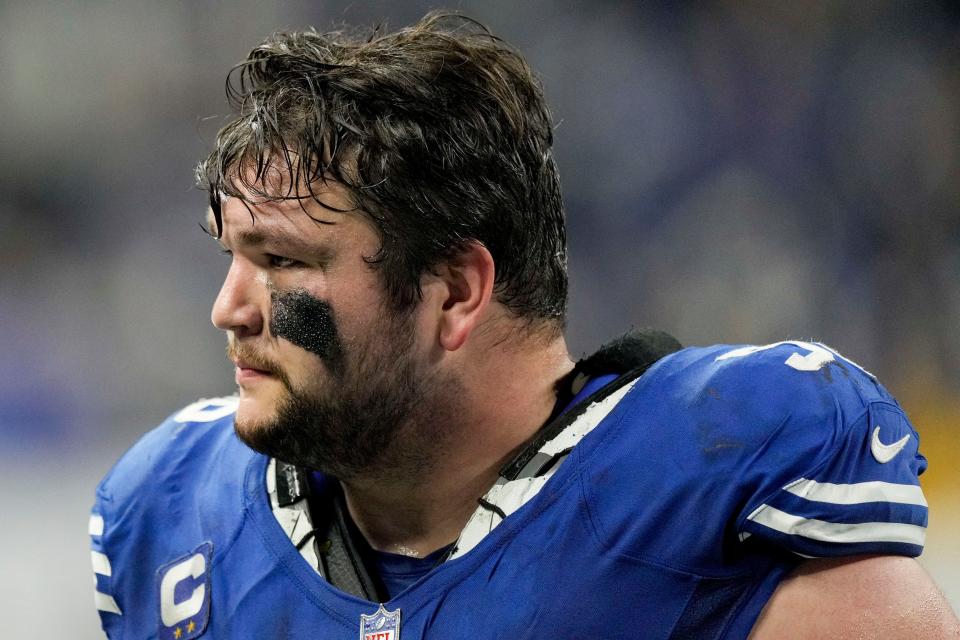 Indianapolis Colts guard Quenton Nelson (56) walks off the field Tuesday, Nov. 29, 2022, after losing a game against the Pittsburgh Steelers at Lucas Oil Stadium in Indianapolis.